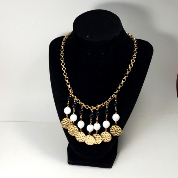 Gold Hammered Disc Charm Necklace w/ Black & White Beads – 22" Statement Jewelry - Picture 8 of 11